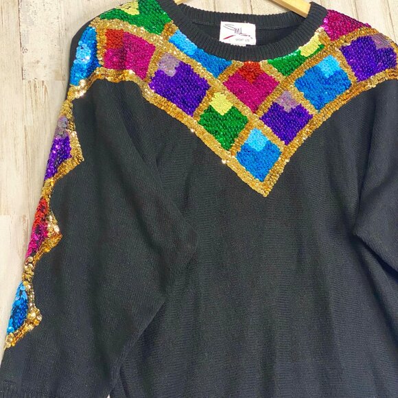 SML Sport Ltd Colorful Sequin Black Sweater Diamond Pattern Shoulder Pads Size L - Picture 2 of 8